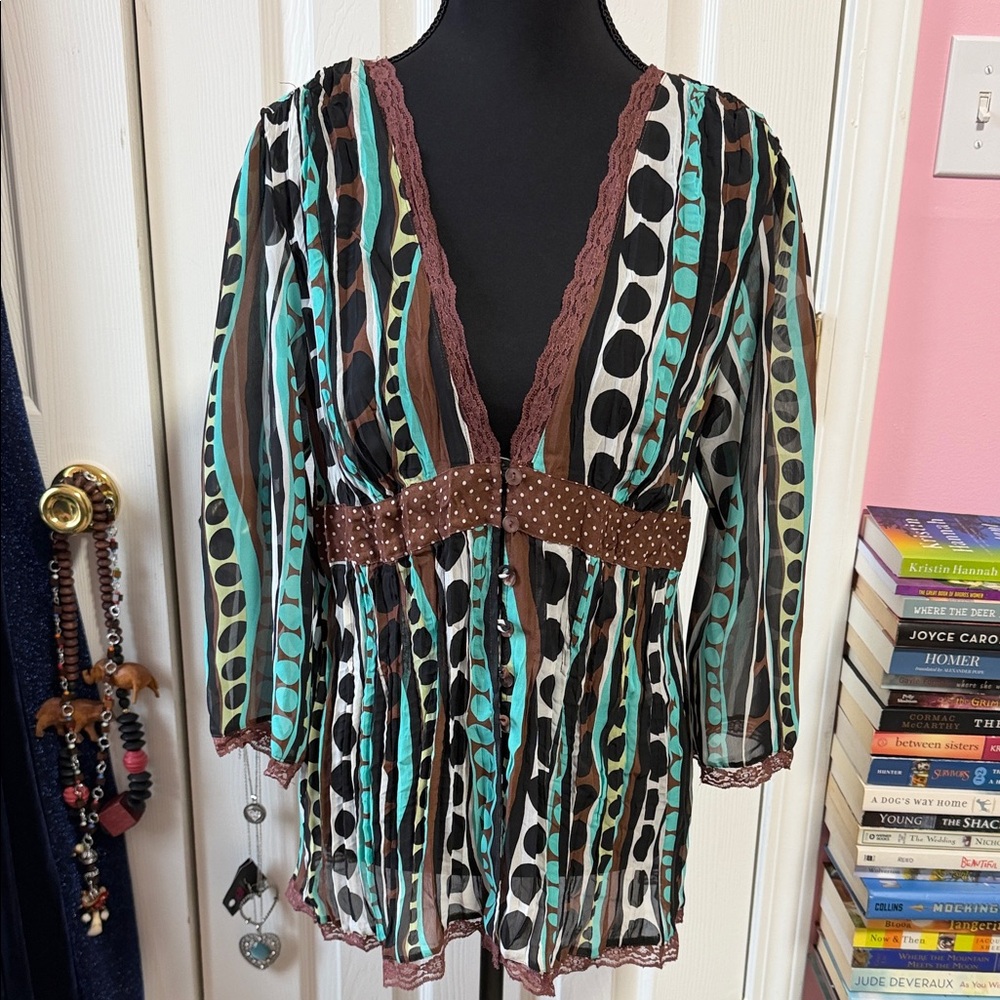 Element Brown and Green V-Neck Blouse